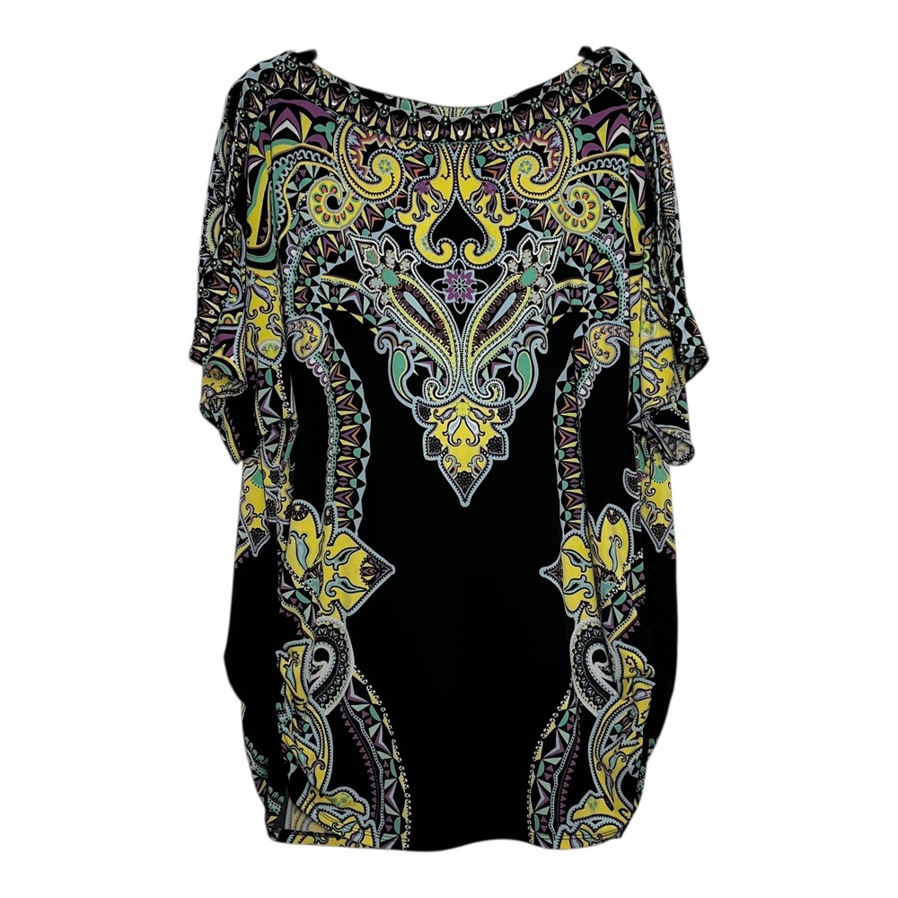 Roz & Ali Woman 2X Paisley Print Cold Shoulder Rhinestone Boat Neck Blouse Top